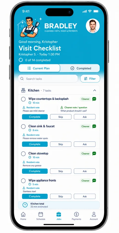 Cleaner completing visit checklist tasks in the Bradley app