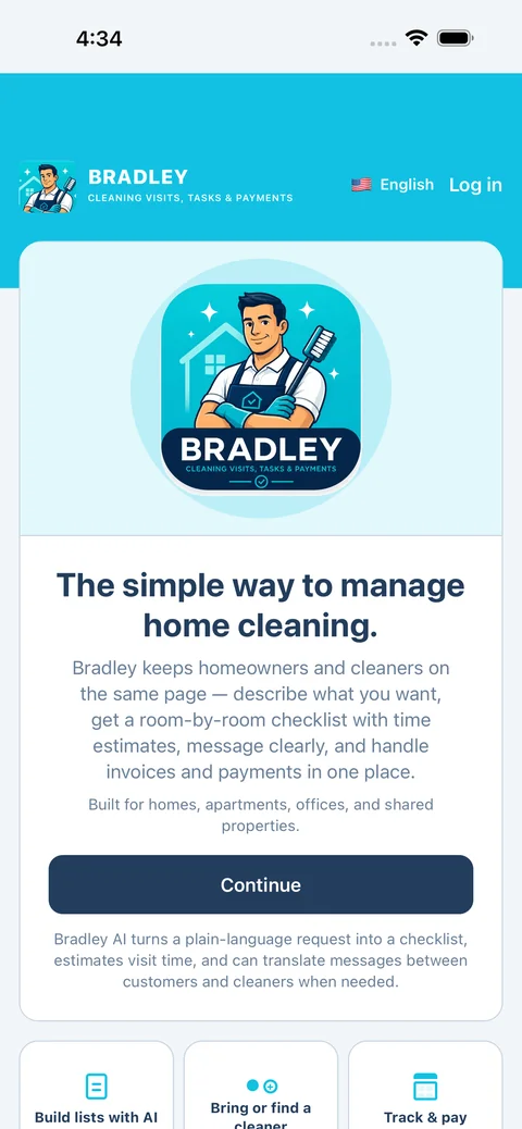 Bradley Cleans landing screen — the simple way to manage home cleaning