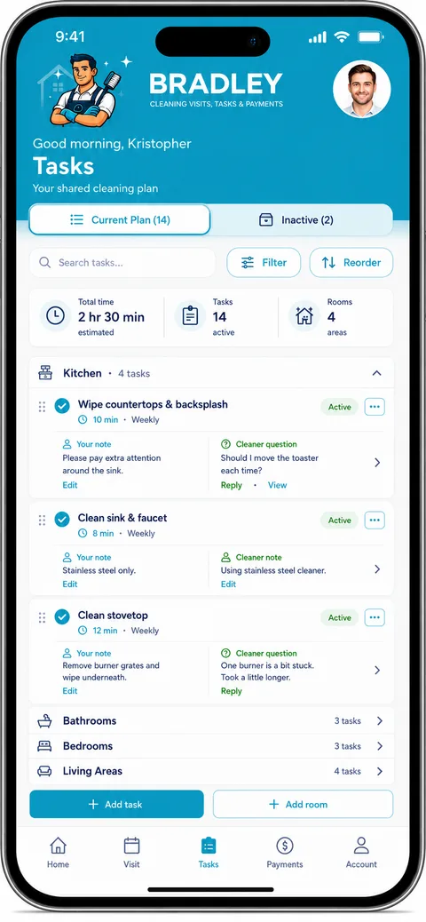 Homeowner shared cleaning plan and task list in the Bradley app