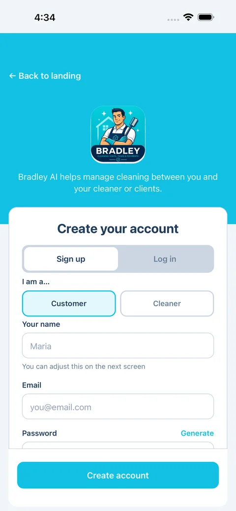 Bradley Cleans signup screen on iPhone