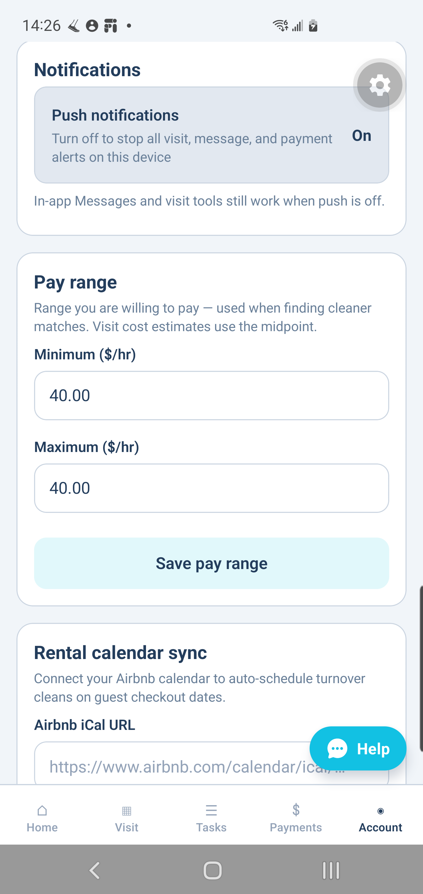 Bradley Cleans rental calendar sync settings on Android — Airbnb iCal URL, checkout buffer, and auto-assign cleaner