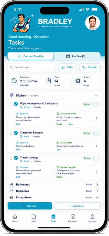Shared cleaning plan task list by room