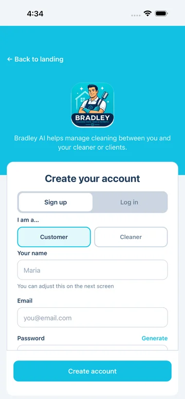 Bradley Cleans signup screen on iPhone